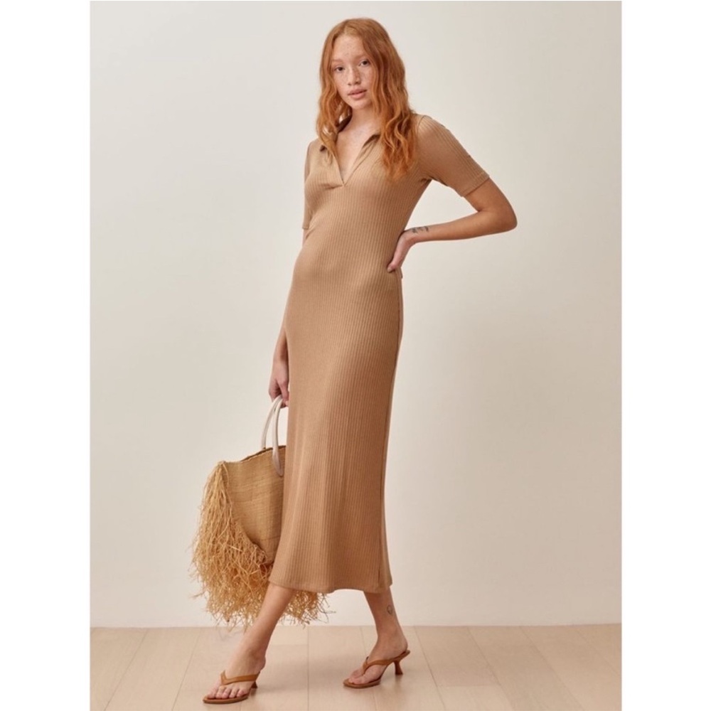 Reformation Camel Ribbed Midi Dress